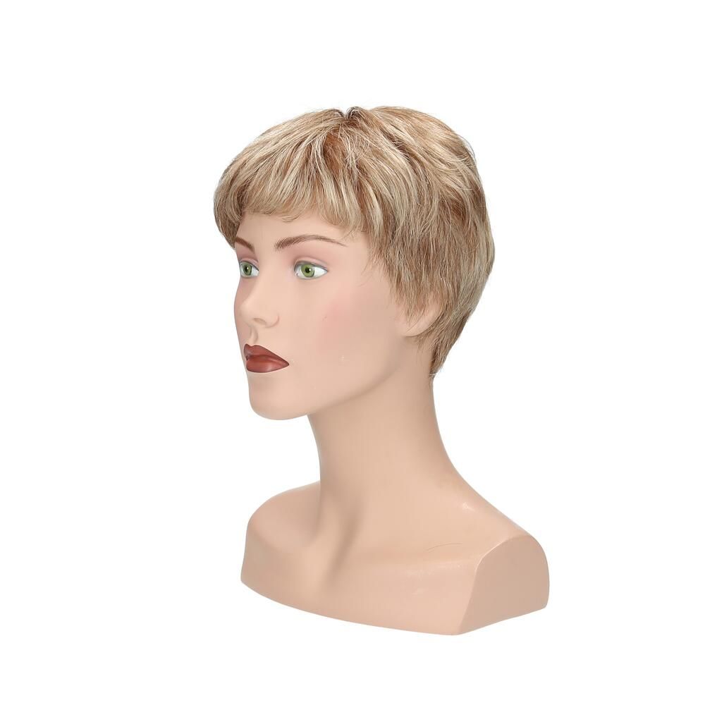 Perücke Lima, blondiertes Kunsthaar, auf einer Büste. Seitenansicht. Kurzer, gewellter Haarschnitt.