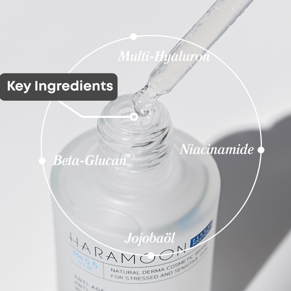 Ampulle mit Pipette. Text: HARAMOON. Key Ingredients: Beta-Glucan, Niacinamid, Multi-Hyaluron, Jojobaöl.