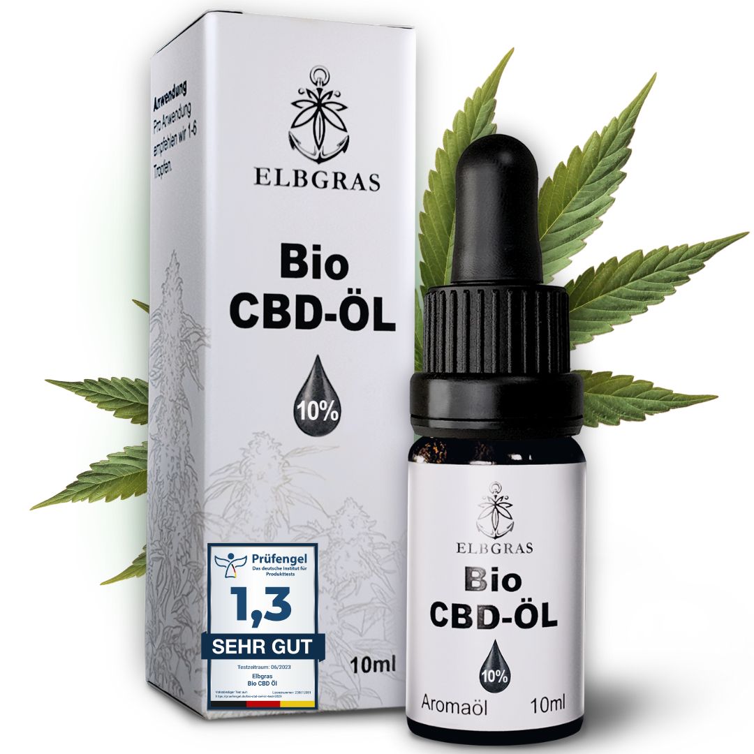 Braune Glasflasche und Karton mit Aufschrift Bio CBD-Öl 10%. Tropfflasche mit schwarzem Verschluss. Zertifizierungslogo.