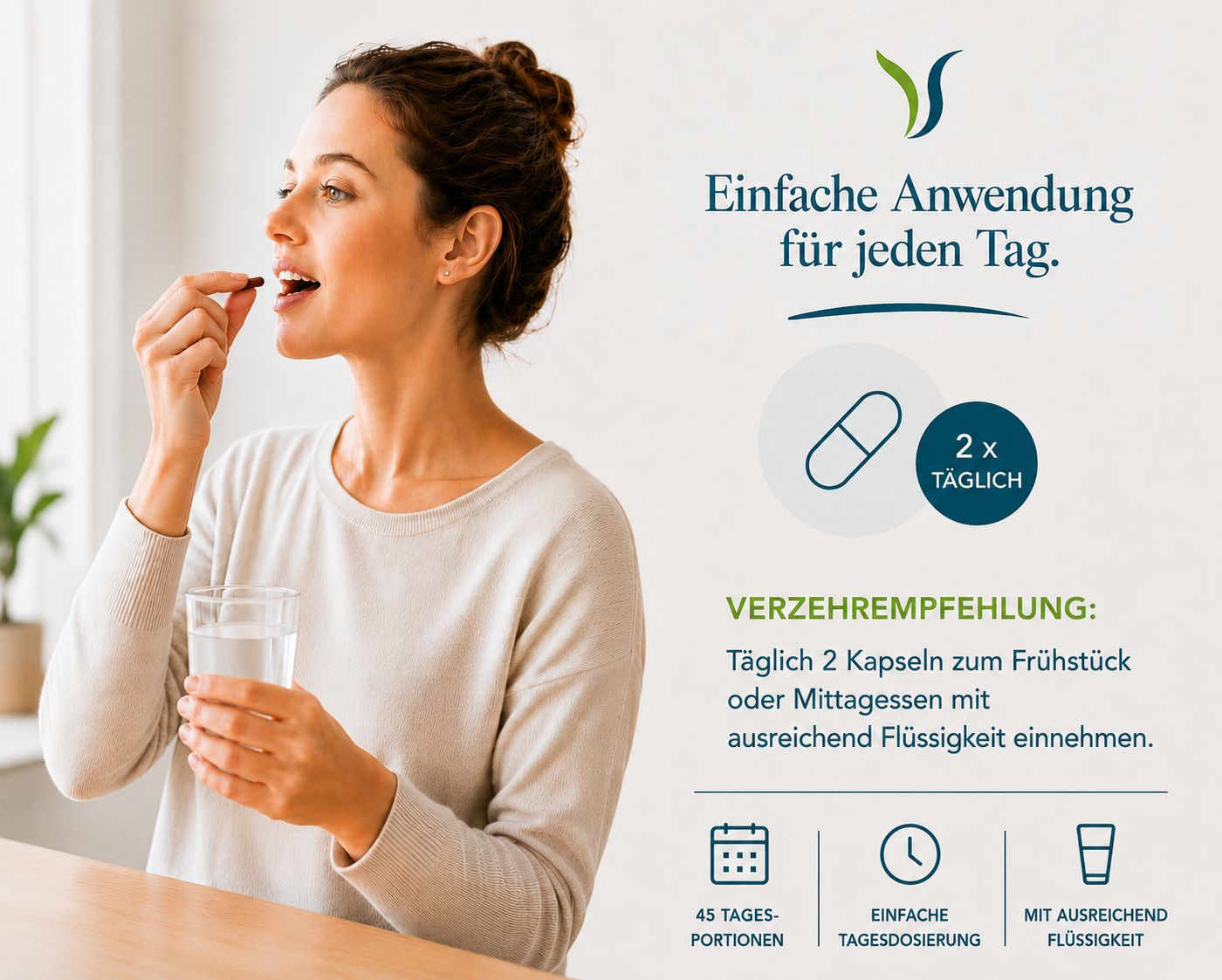 Frau nimmt eine Kapsel Vitalsee Haut Haare Nägel opus magnum ein.
