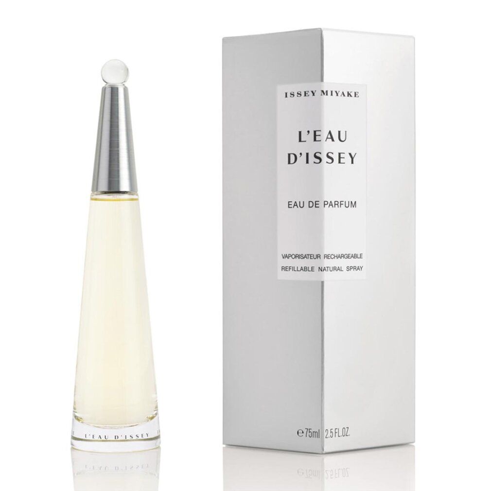 Parfümflasche und Verpackung. Aufschrift: ISSEY MIYAKE, L'EAU D'ISSEY, Eau de Parfum, Refillable Natural Spray.