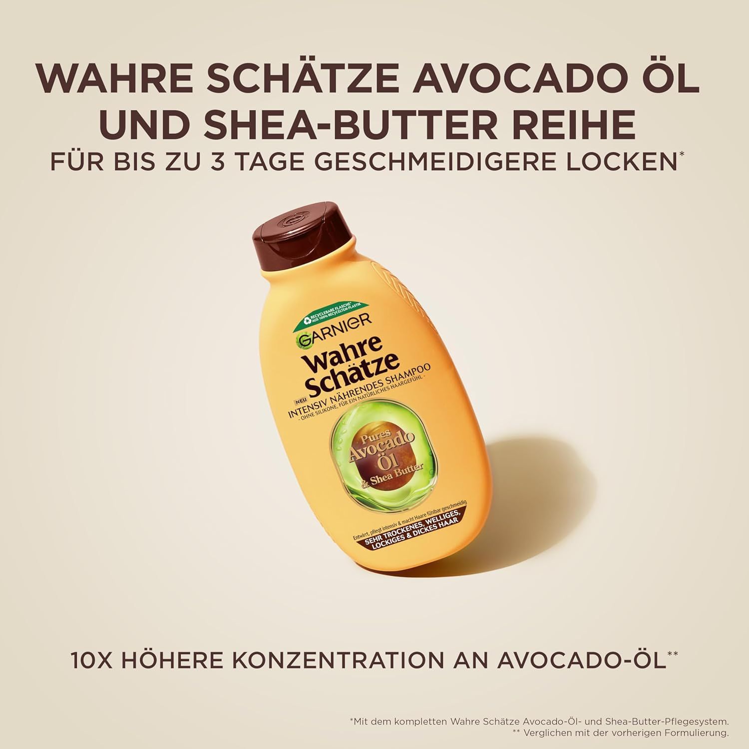 Gelbe Flasche mit braunem Deckel. Aufschrift: Garnier Wahre Schätze Avocado Öl. Produkt für lockiges Haar.
