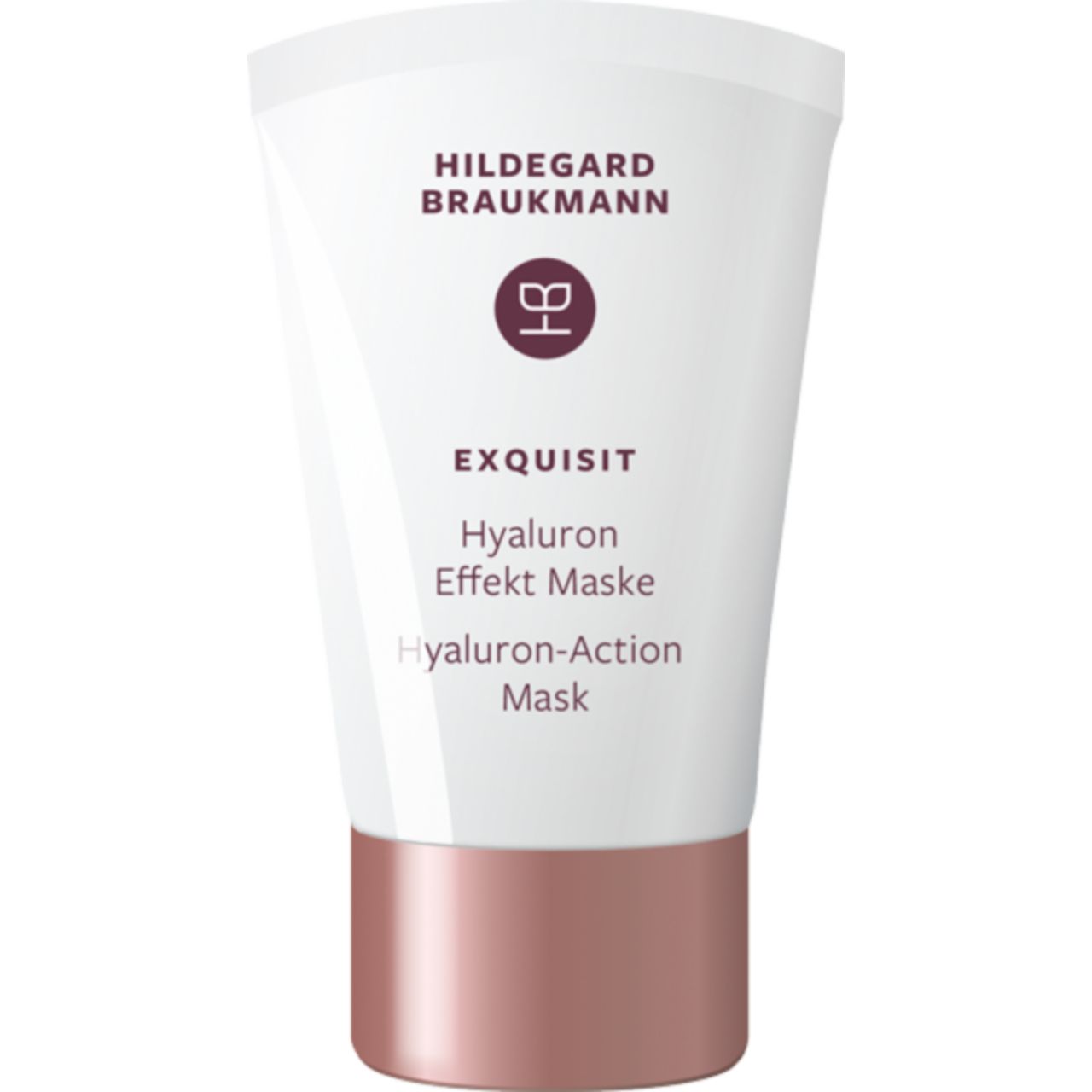 Hildegard Braukmann Exquisit Hyaluron Effekt Maske. Weiße Tube mit kupferfarbenem Boden. Produktname und Logo.
