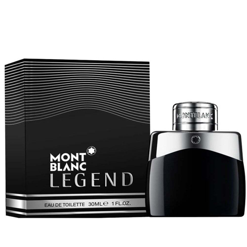 Schwarzer Flakon mit silbernem Deckel und Verpackung. Auf der Verpackung steht MONTBLANC LEGEND. Eau de Toilette 30ml 1 FL.OZ.