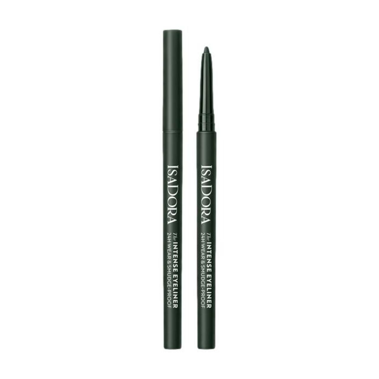 Zwei schwarze Eyeliner-Stifte. Aufschrift: IsaDora, Intense Eyeliner 24H Wear & Smudge-proof.