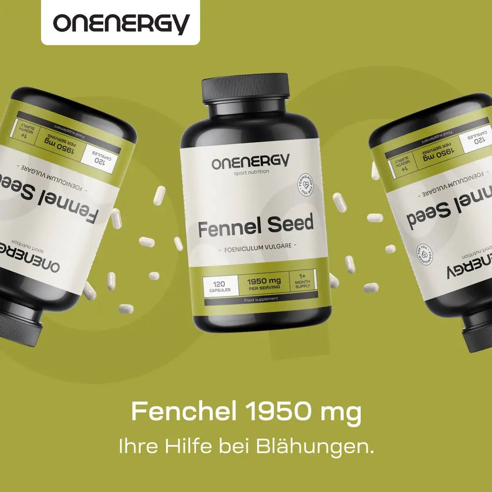 Drei ONENERGY Fenchelsamen-Dosen auf grünem Hintergrund. 1950 mg für Hilfe bei Blähungen.