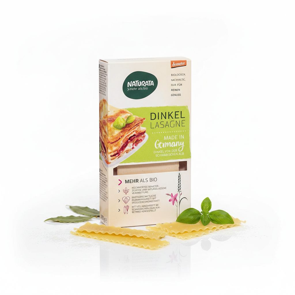 Naturata Bio Dinkel Lasagne Platten Packung mit rohen Lasagneplatten und Basilikum.