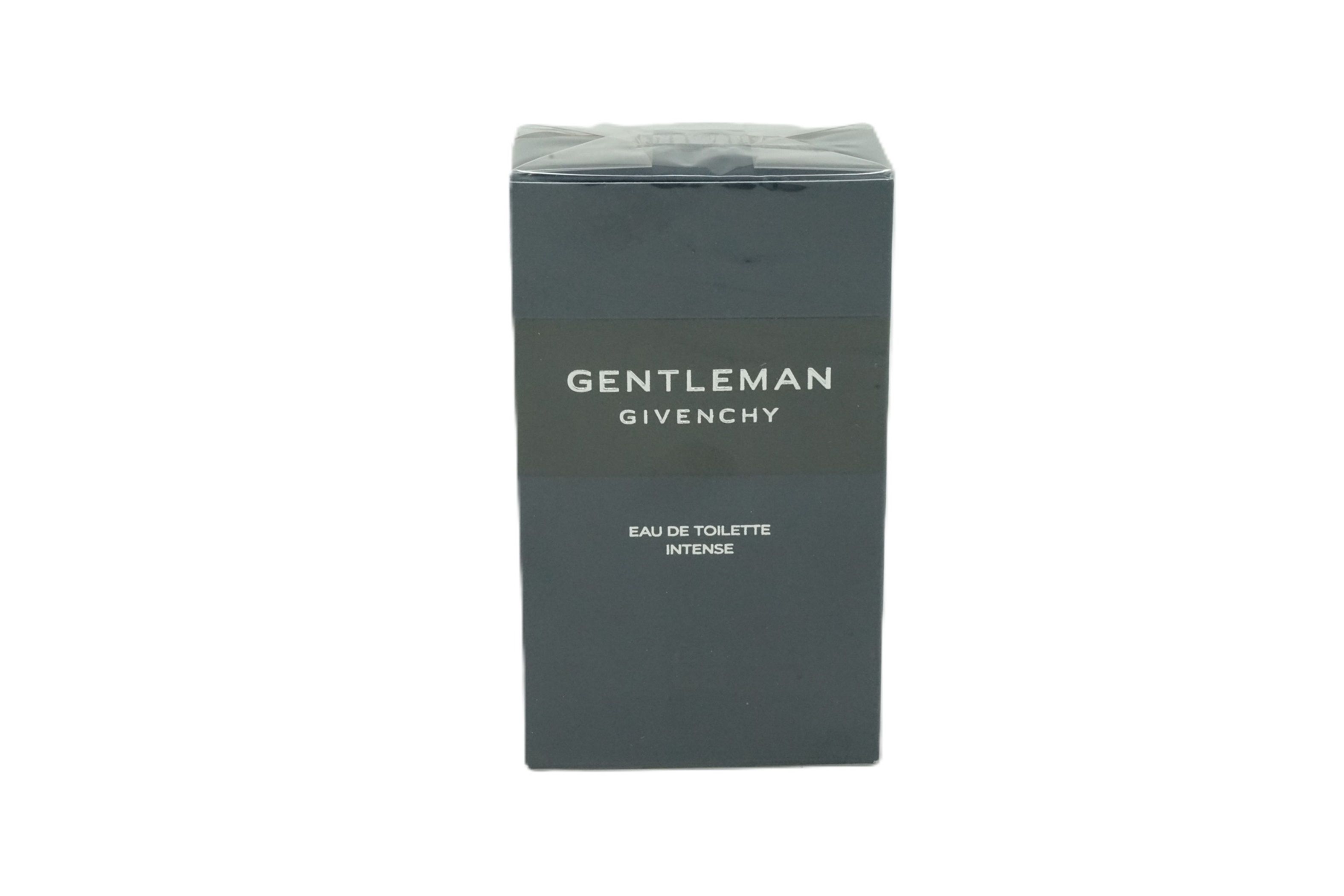 Dunkelgraue rechteckige Schachtel mit "GENTLEMAN GIVENCHY" und "EAU DE TOILETTE INTENSE" in Weiß. Verpackt in Folie.