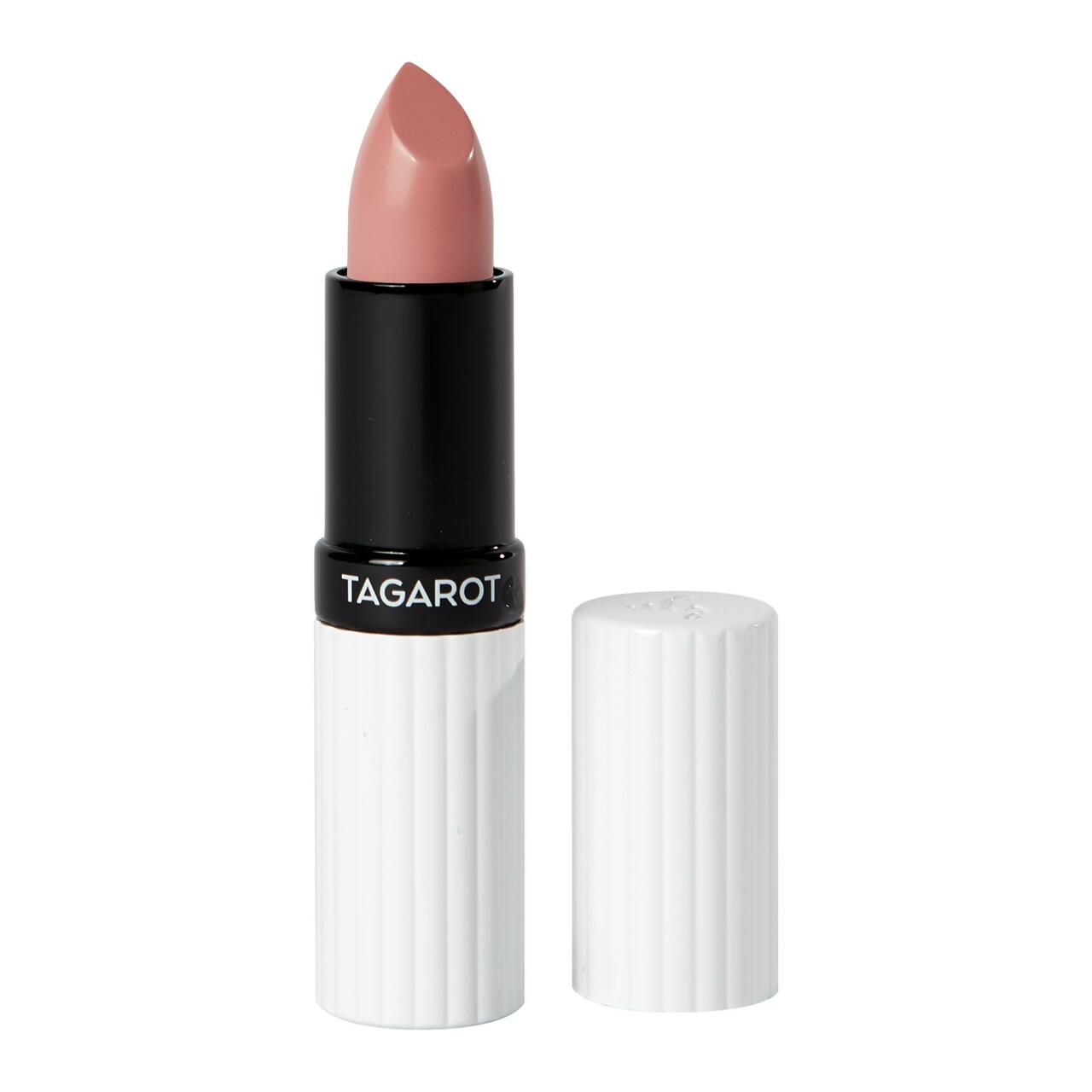 Lippenstift mit hellrosa Spitze. Schwarzer Schaft mit weißem, geriffeltem Gehäuse. Aufschrift: TAGAROT. Deckel daneben.