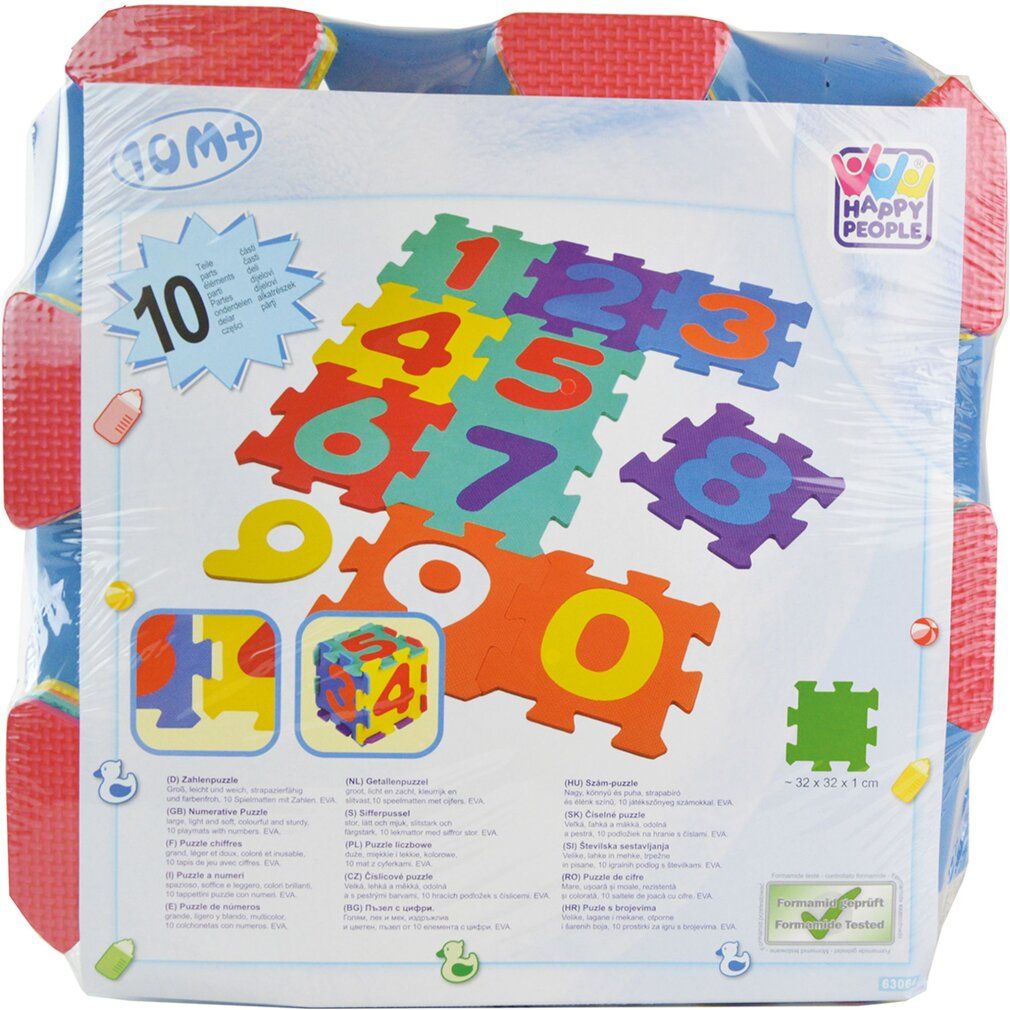 Verpackung Happy People Puzzlematten mit Zahlen. 10 Puzzleteile, Zahlen 0-9. Verpackt in Folie. Aufdruck: 10M+ und Logo. Maße: 32x32x1 cm.