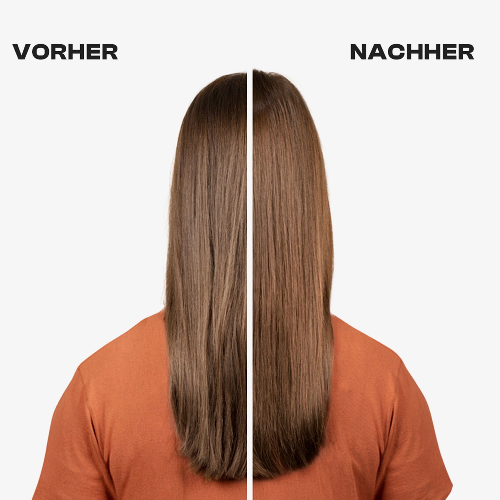 Ansicht von hinten, geteilt. Links: Haare vor der Behandlung. Rechts: Haare nach der Behandlung. Beide Seiten: braune Haare.