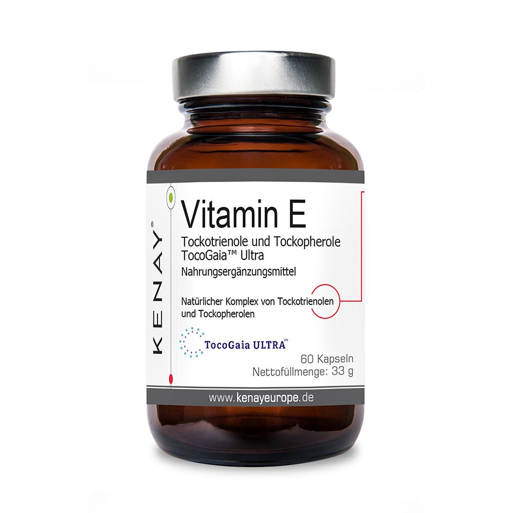 Braune Glasflasche mit Vitamin E Tockotrienole und Tockopherole TocoGaia Ultra von KENAY. 60 Kapseln.