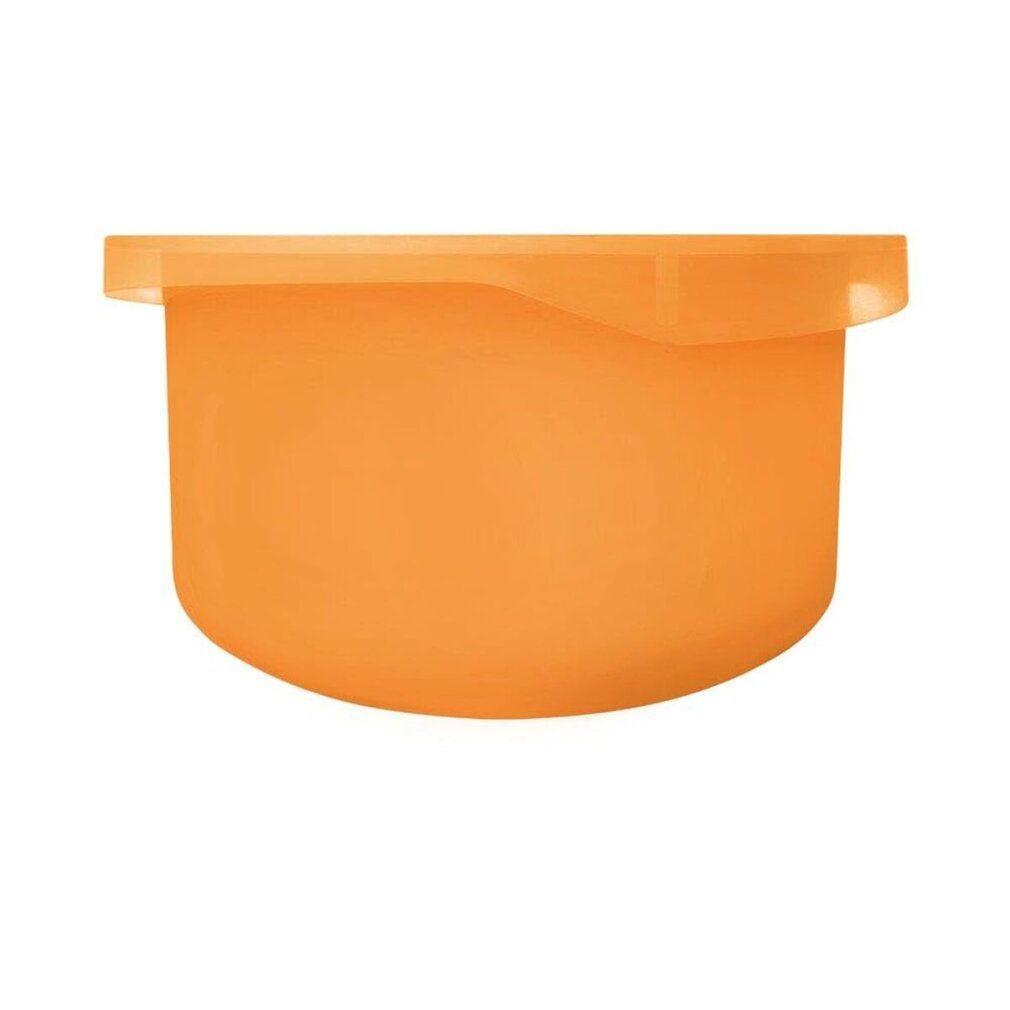 Orangefarbener Nachfüllbehälter für eine Creme, mit flachem Rand und abgerundeter Unterseite.