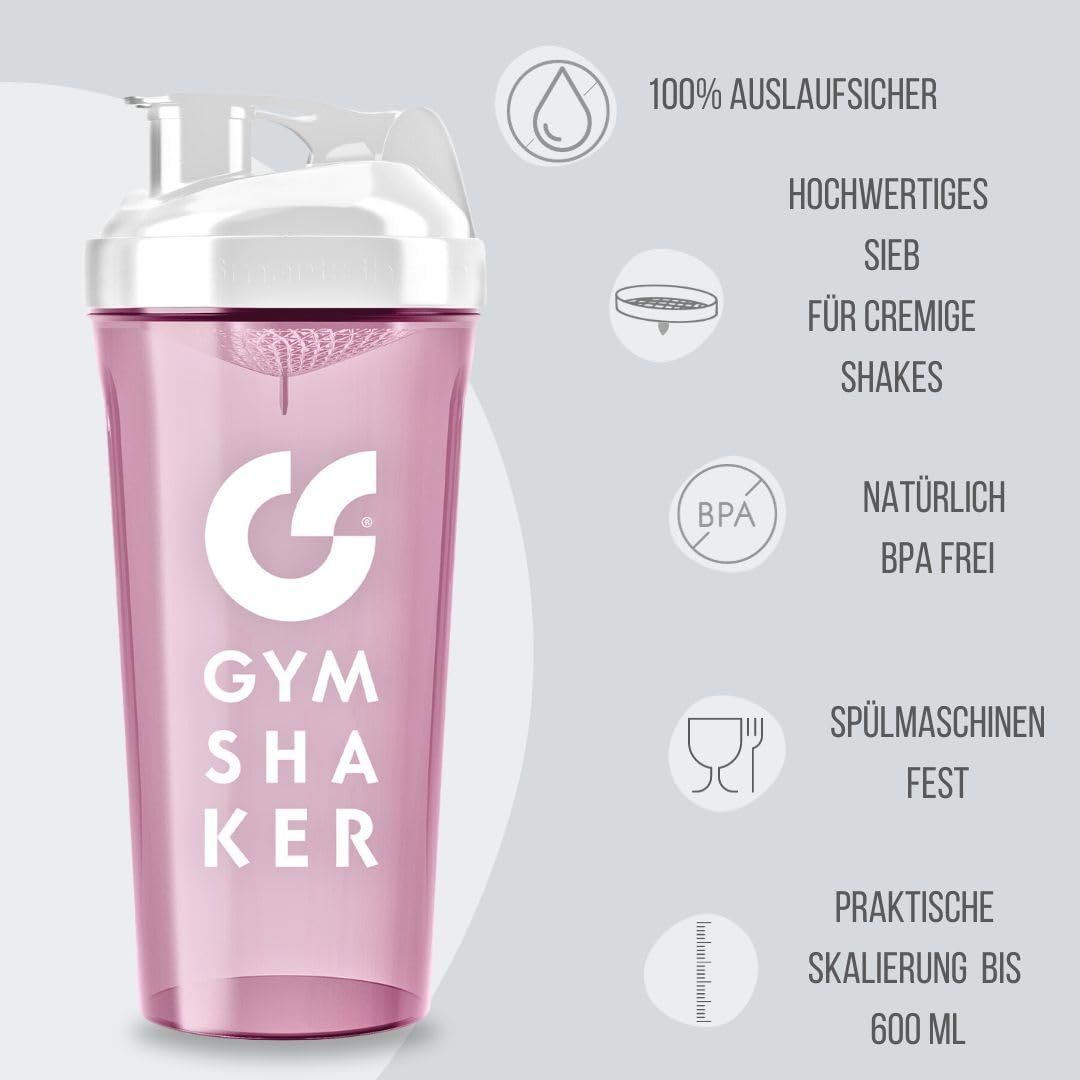 GYMSHAKER Shaker per proteine con scomparto per polvere proteica 600 + 150 ml - con setaccio con struttura a nido d'ape per shake cremosi - Bianco