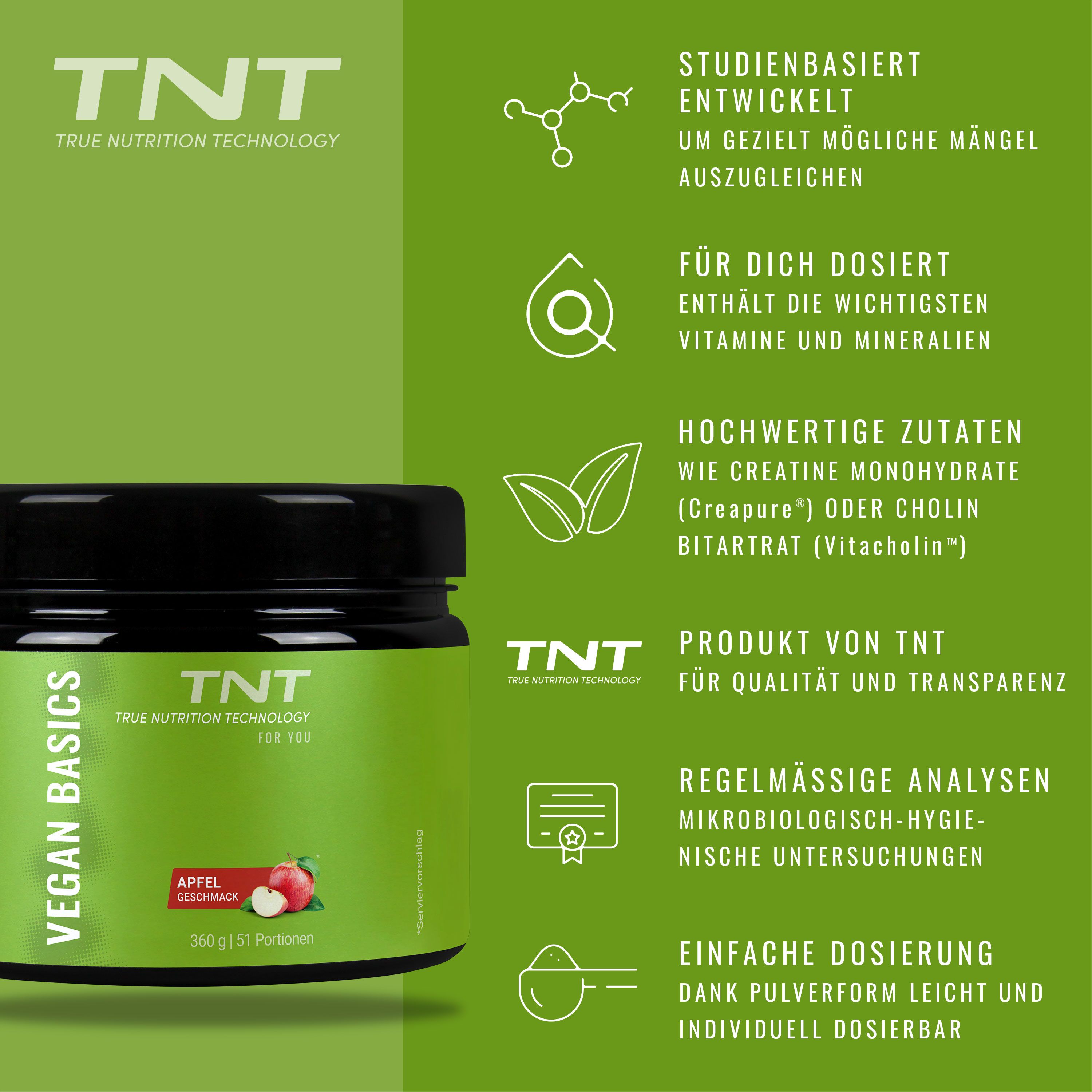 Dose TNT Vegan Basics neben Infografiken. Text: Studienbasiert, für dich dosiert, hochwertige Zutaten, Produkt von TNT.