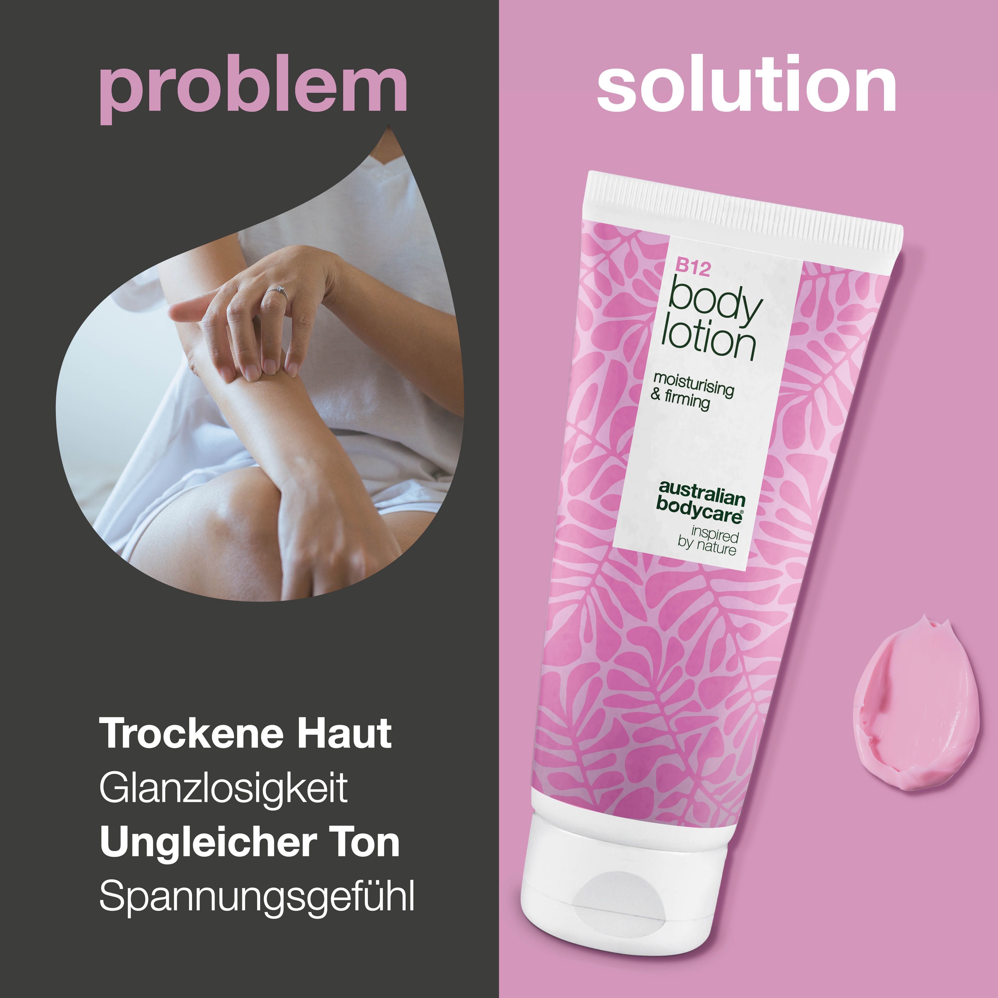 Vergleich: Trockene Haut, ungleichmäßiger Teint. Lösung: B12 Body Lotion. Rosa Tube, Klecks. Text: Australian Bodycare.