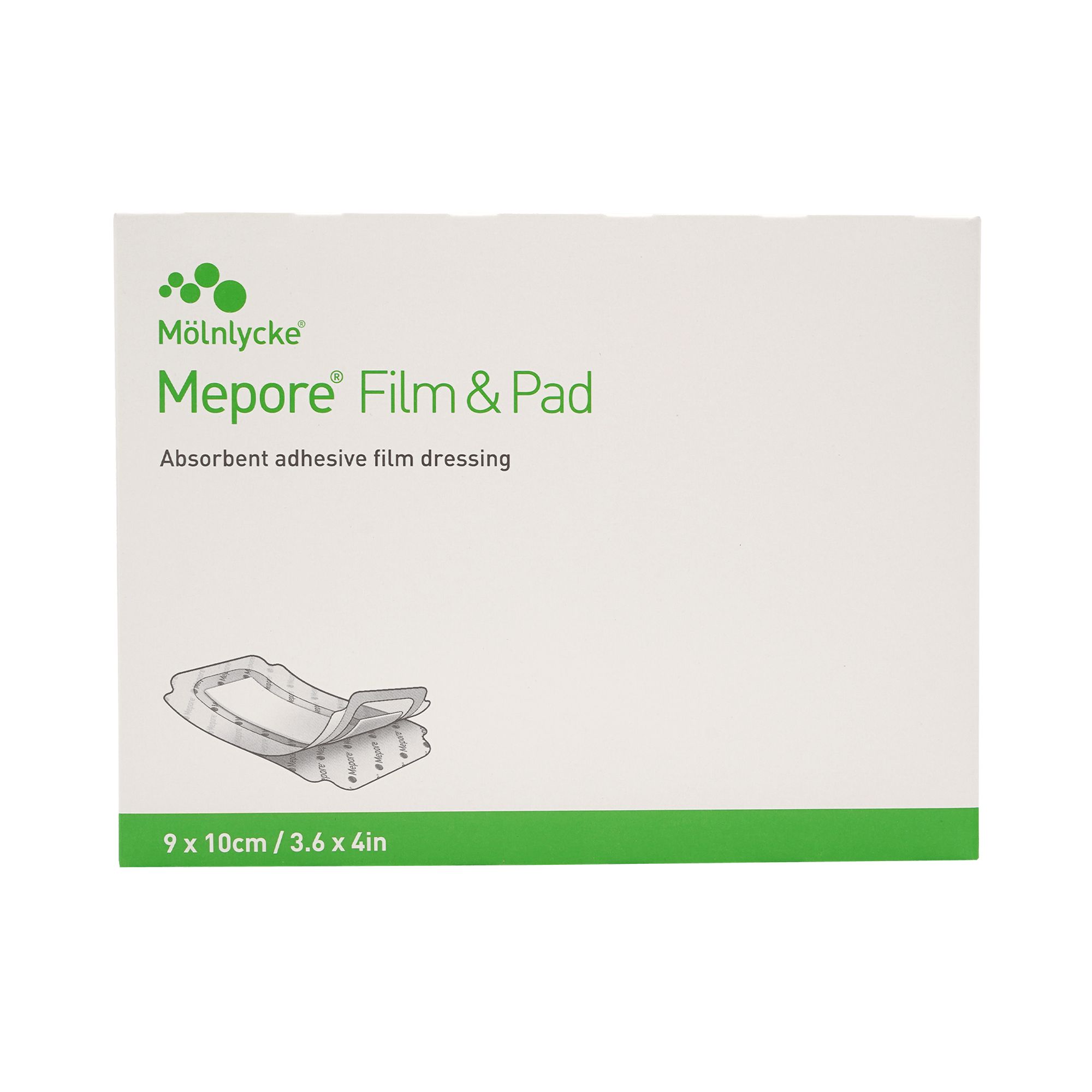 Verpackung von Mepore Film & Pad, 9x10cm. Aufdruck: Absorbierender, selbstklebender Folienverband.