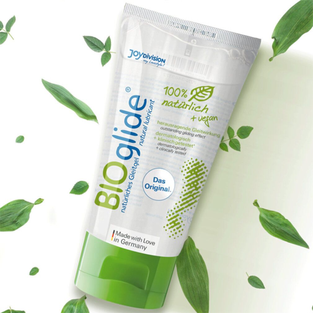 BIOglide® Gel-Tube. Weiß, grün. Aufschrift: 100% natürlich + vegan, dermatologisch getestet, klinisch getestet. Made in Germany.