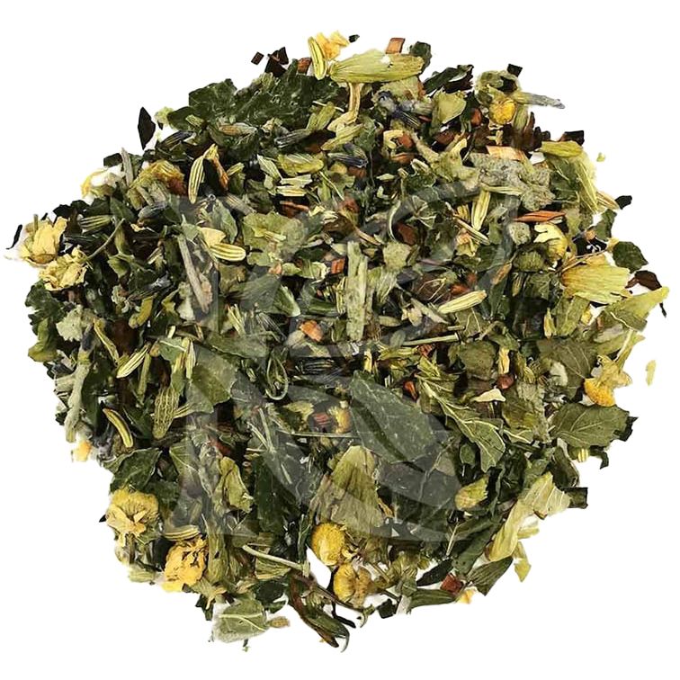 Nahaufnahme von losem Kräutertee. Verschiedene getrocknete Kräuter und Blüten.