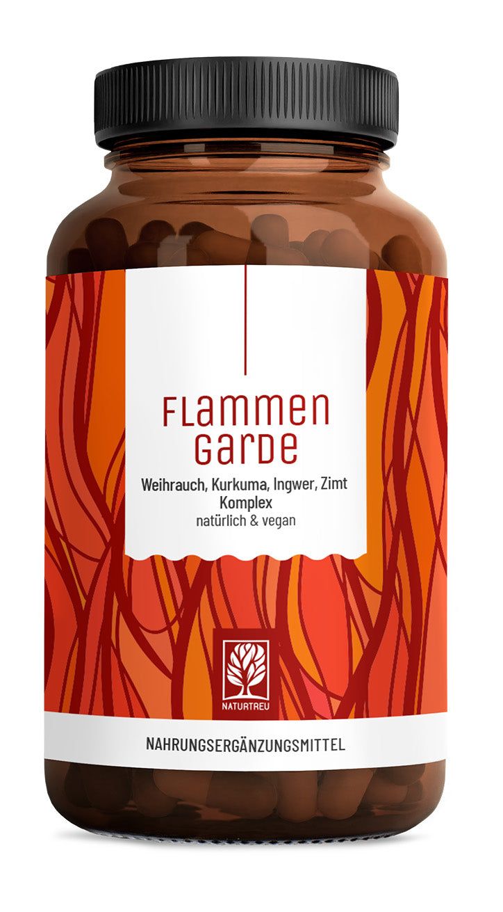 Braune Flasche mit schwarzen Deckel. Weißes Etikett mit rotem Design und Text: Flammengarde, NATURTREU®. Nahrungsergänzungsmittel.