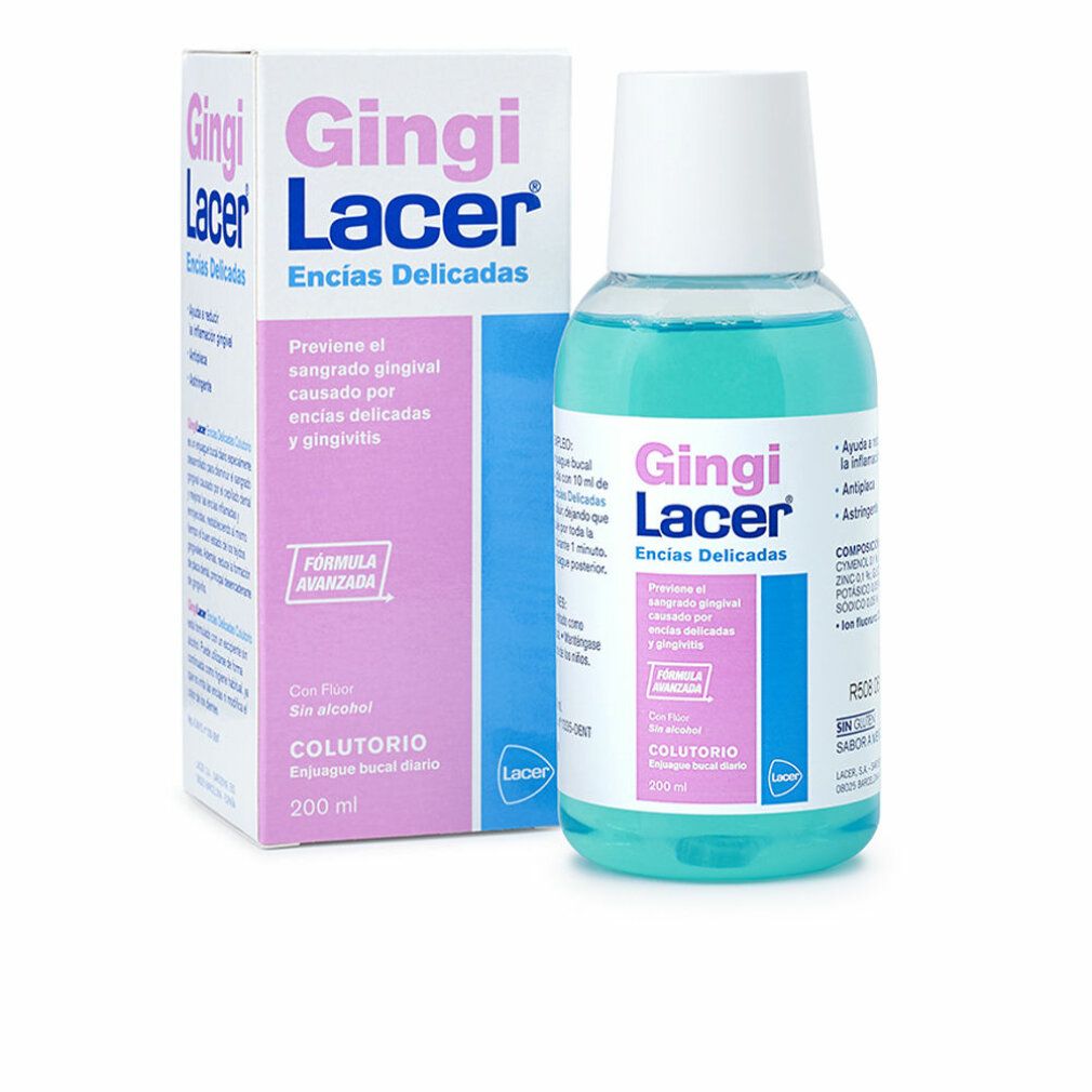 Mundspülung-Flasche und Schachtel. Flasche mit blauer Flüssigkeit, weißem Verschluss. Schachtel mit Produktnamen und Text.