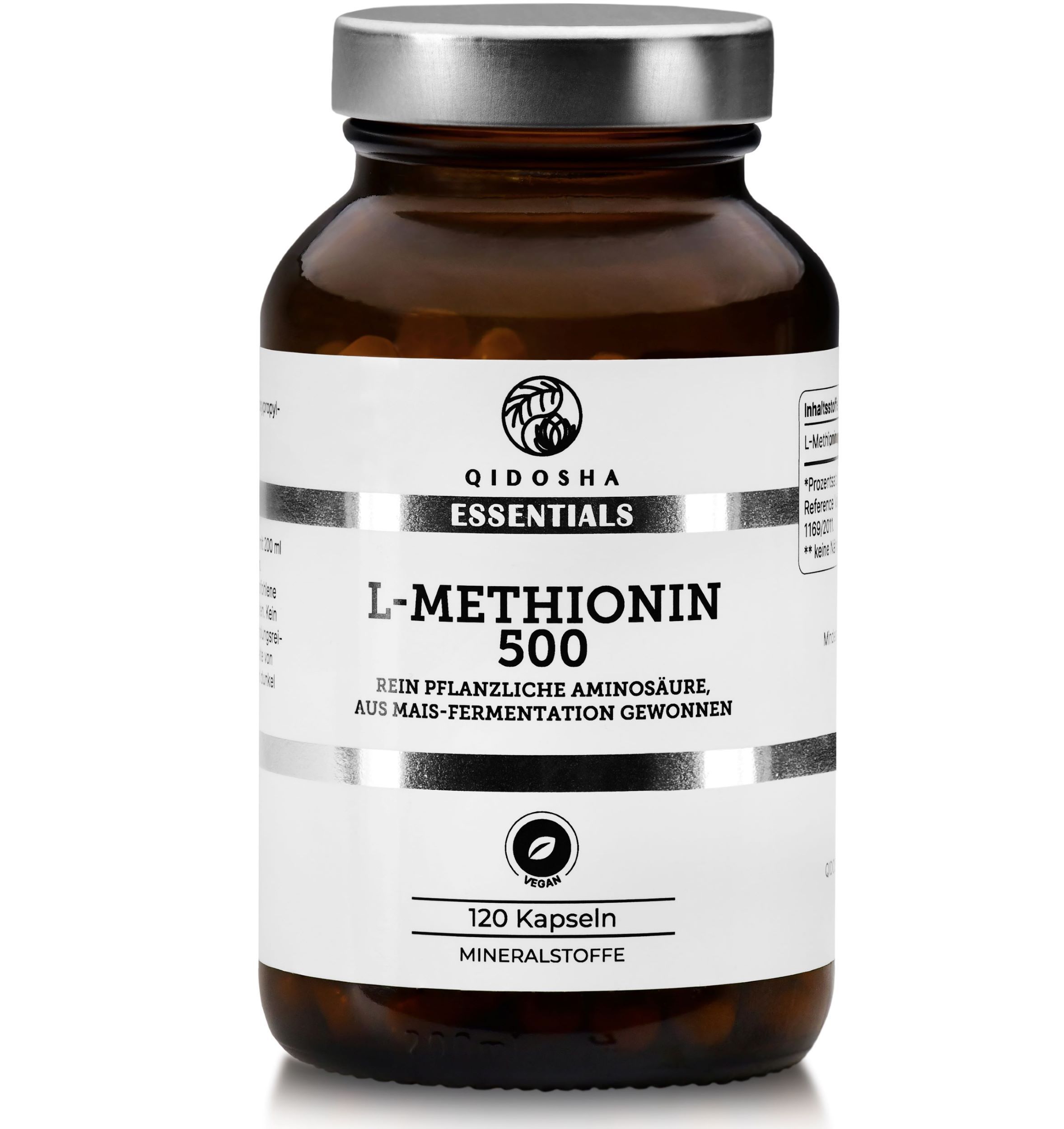 Braune Glasflasche mit weißem Etikett. Aufschrift: QIDOSHA Essentials L-Methionin 500. Vegan. 120 Kapseln.
