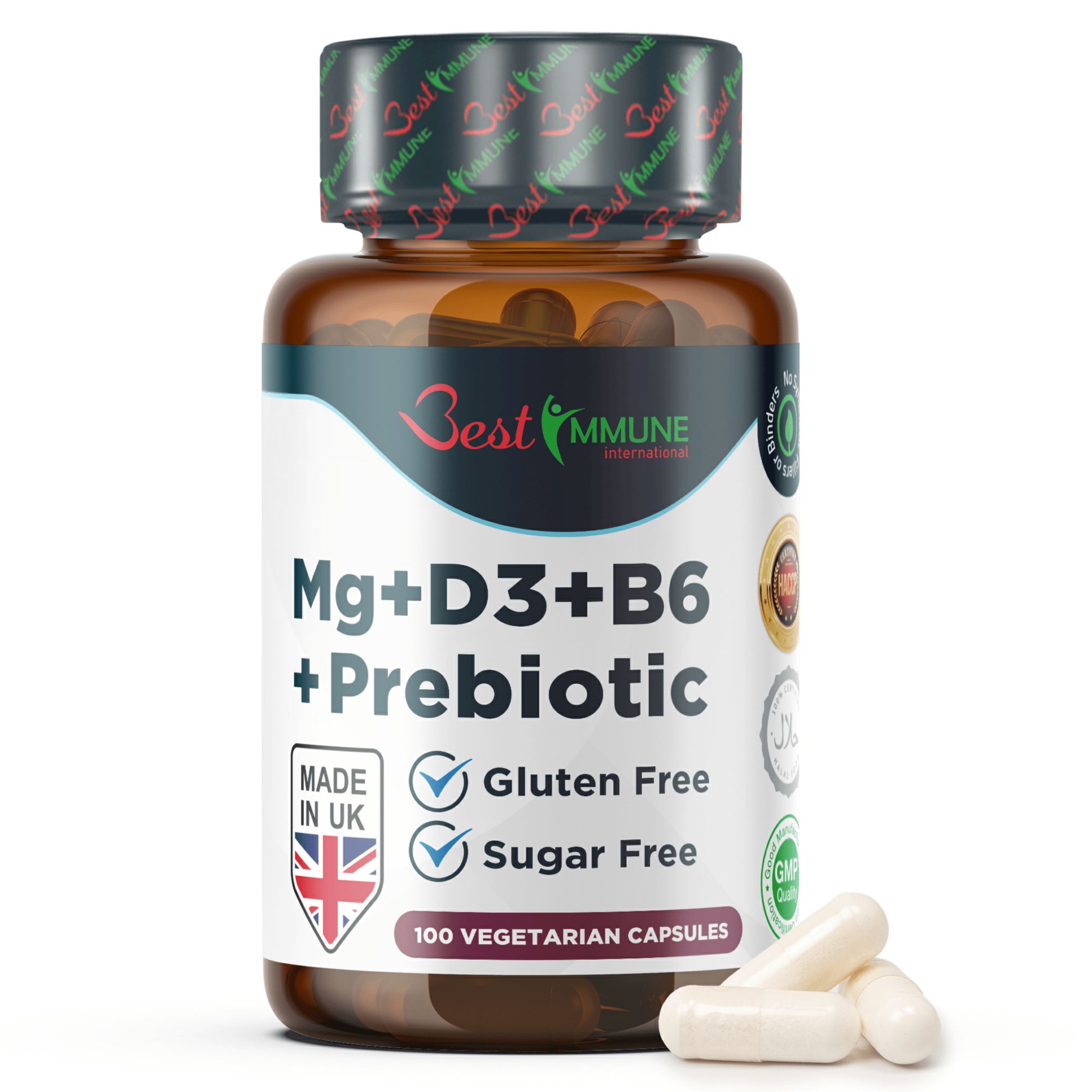 Braune Flasche mit Kapseln. Aufschrift: Best Immune, Mg+D3+B6+Präbiotikum. Glutenfrei, zuckerfrei. 100 vegetarische Kapseln. Hergestellt in UK.