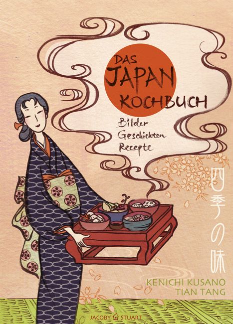 Buchcover: "Das Japan-Kochbuch". Illustration einer Frau in traditioneller Kleidung, die ein Tablett mit Speisen trägt. Titel in roter Schrift.