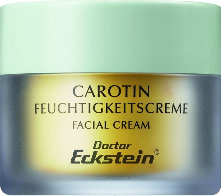 Creme-Tiegel mit grünem Deckel. Aufschrift: Carotin Feuchtigkeitscreme Facial Cream. Marke: Doctor Eckstein.