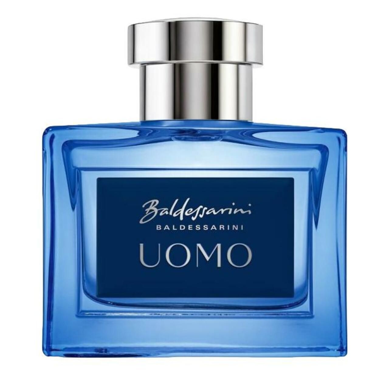 Blauer Glasflakon mit silbernem Verschluss. Aufschrift: Baldessarini UOMO.