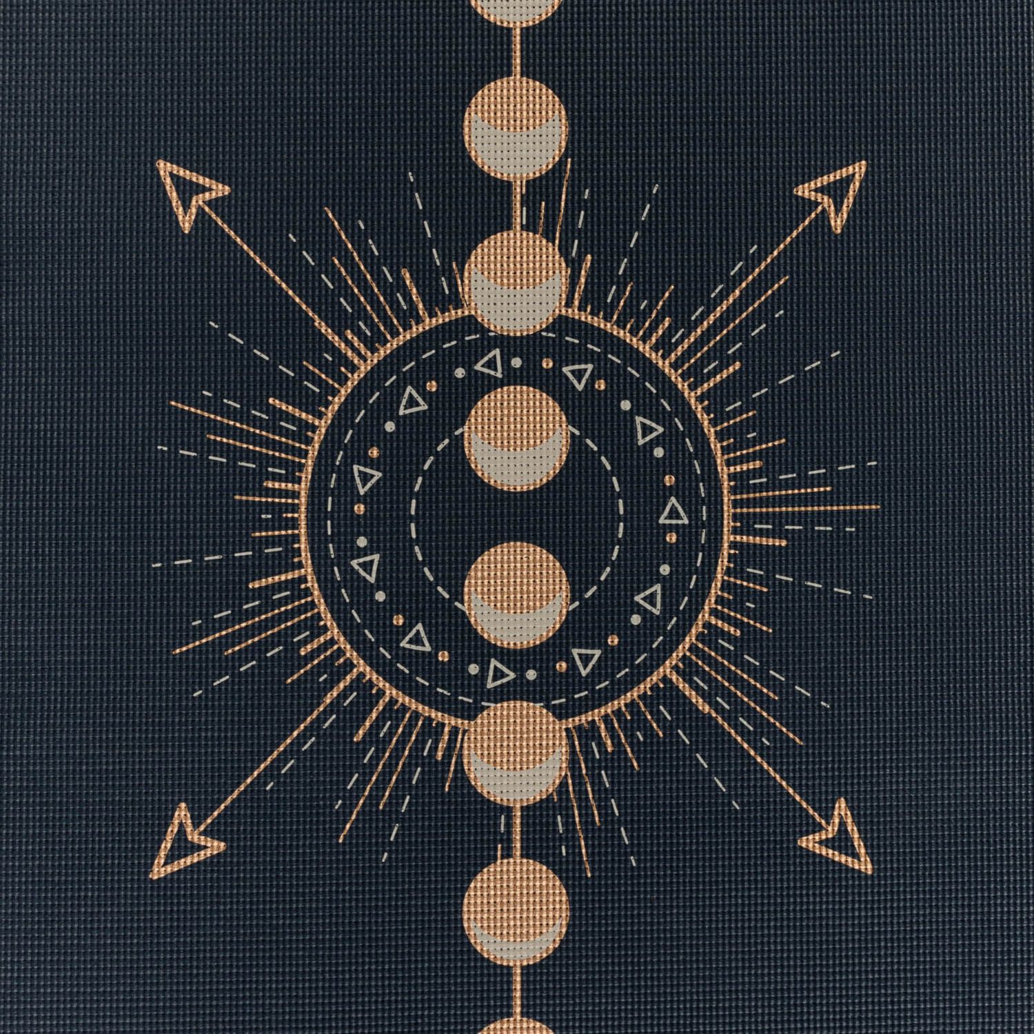 Nahaufnahme einer dunkelblauen Yogamatte mit goldenem geometrischen Muster. Detail des sternförmigen Designs mit Kreisen und Pfeilen.