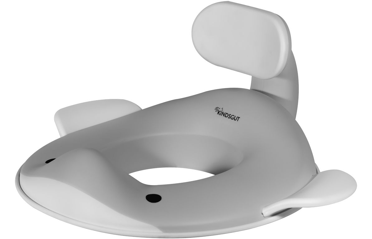 Dunkelgrauer Toilettensitz in Walform mit Rückenlehne und Flossen. Marke Kindsgut.