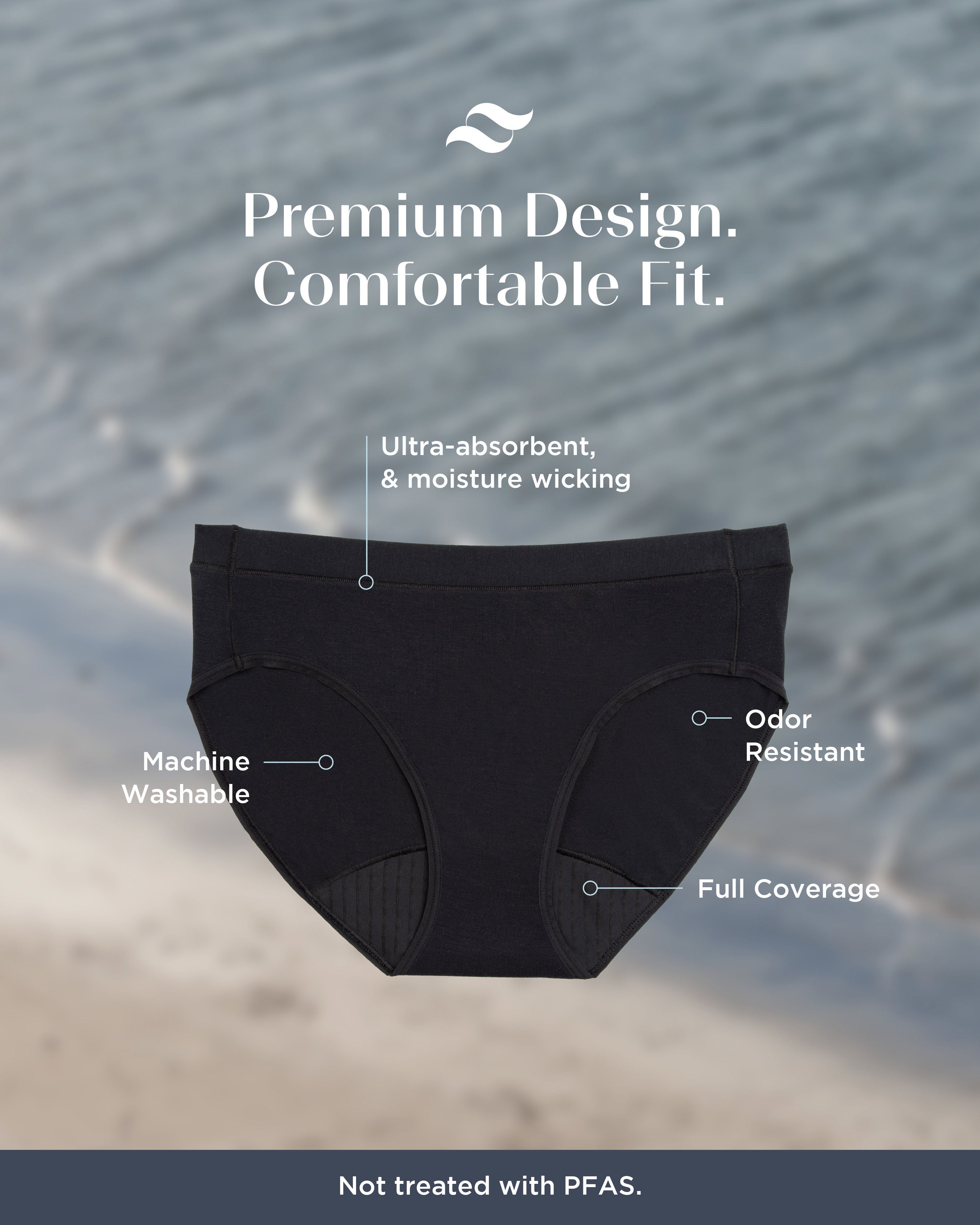 Schwarzer Saalt Comfort Brief. Text: Premium Design. Comfortable Fit. Ultra-absorbierend, geruchsresistent, maschinenwaschbar, voller Schutz.