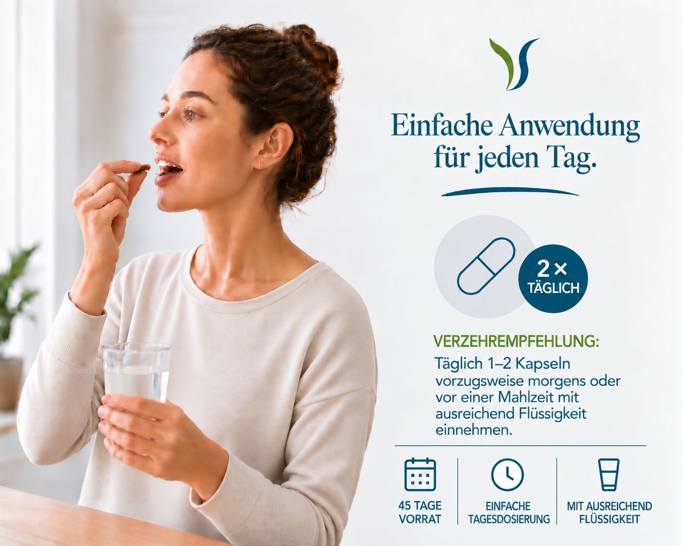 Frau nimmt eine Kapsel OPC Traubenkernextrakt mit einem Glas Wasser ein.