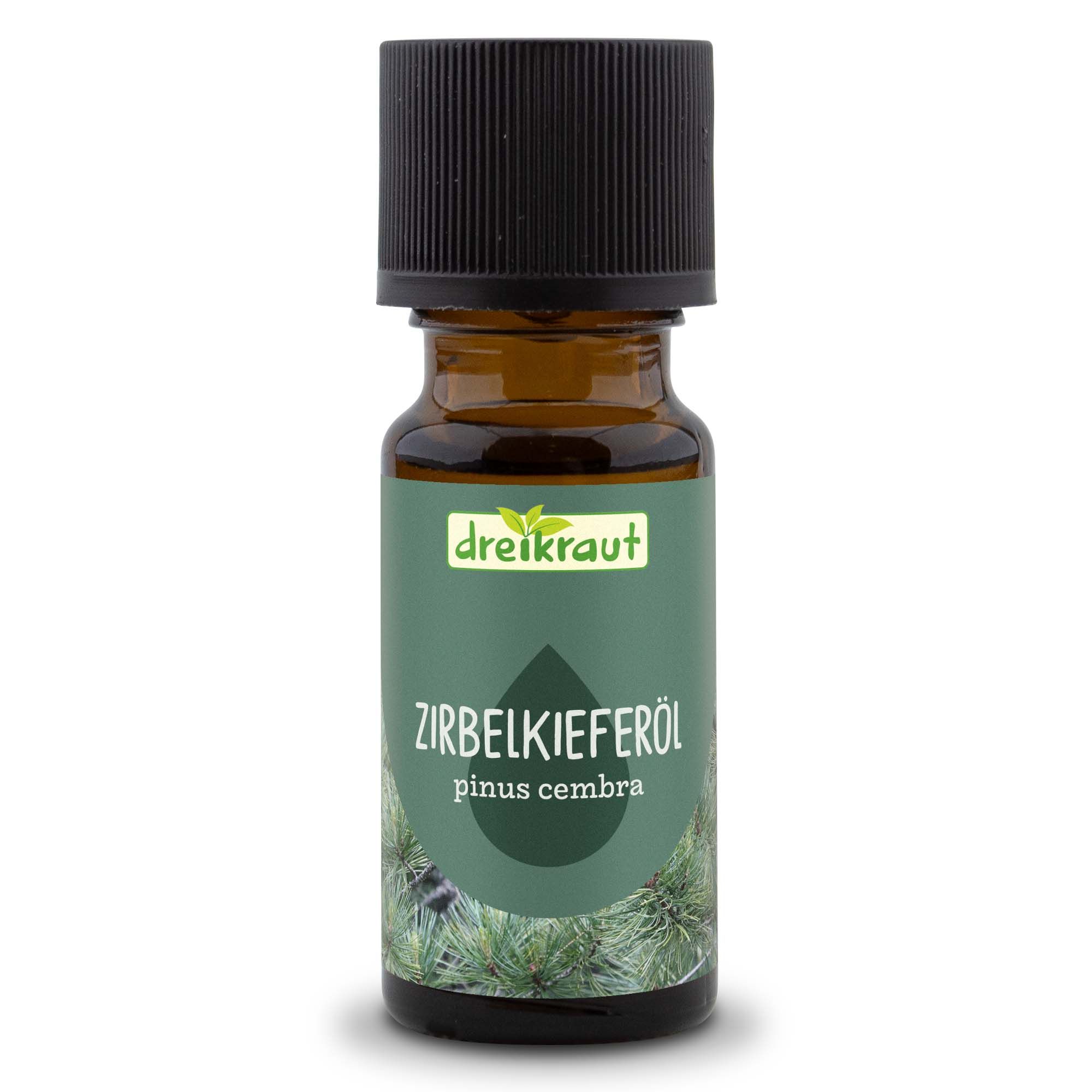 Braune Glasflasche mit schwarzem Deckel. Etikett mit Produktname und grüner Tropfen-Grafik. "dreikraut" Logo.