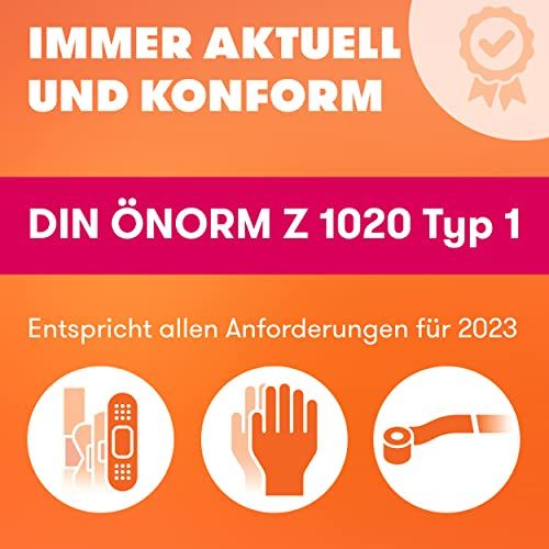 Zertifizierungszeichen und Piktogramme. Text: DIN ÖNORM Z 1020 Typ 1. Entspricht allen Anforderungen für 2023.