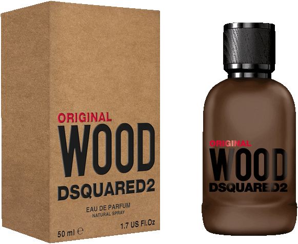 Braune Parfümflasche und Verpackung. Aufschrift: Original Wood, Dsquared2. 50 ml, 1.7 US FL OZ.