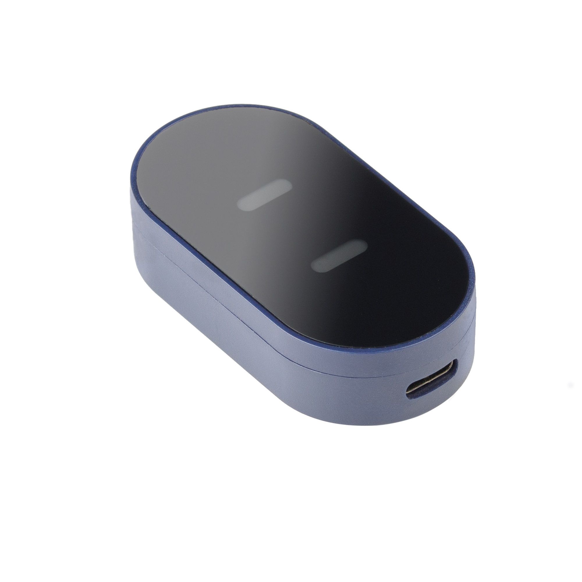 Blaues, ovales Steuergerät mit zwei Tasten und einem USB-Anschluss. Auf weißem Hintergrund.