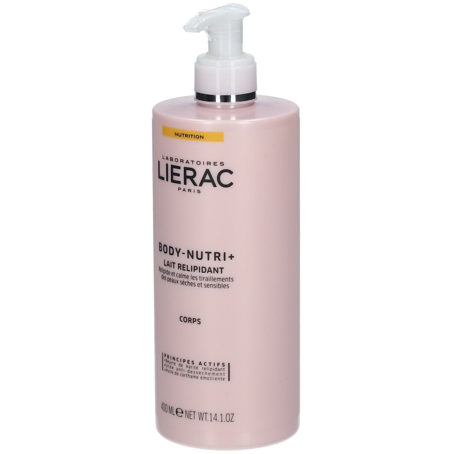 Rosa Flasche mit Pumpe. Aufschrift: LIERAC, BODY-NUTRI+, Lait Relipidant. 400 ml.