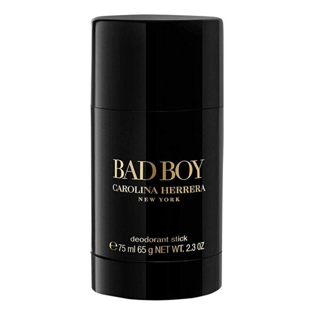 Schwarzer Deodorant-Stick, 75 ml, mit goldener "Bad Boy" und "Carolina Herrera" Prägung.