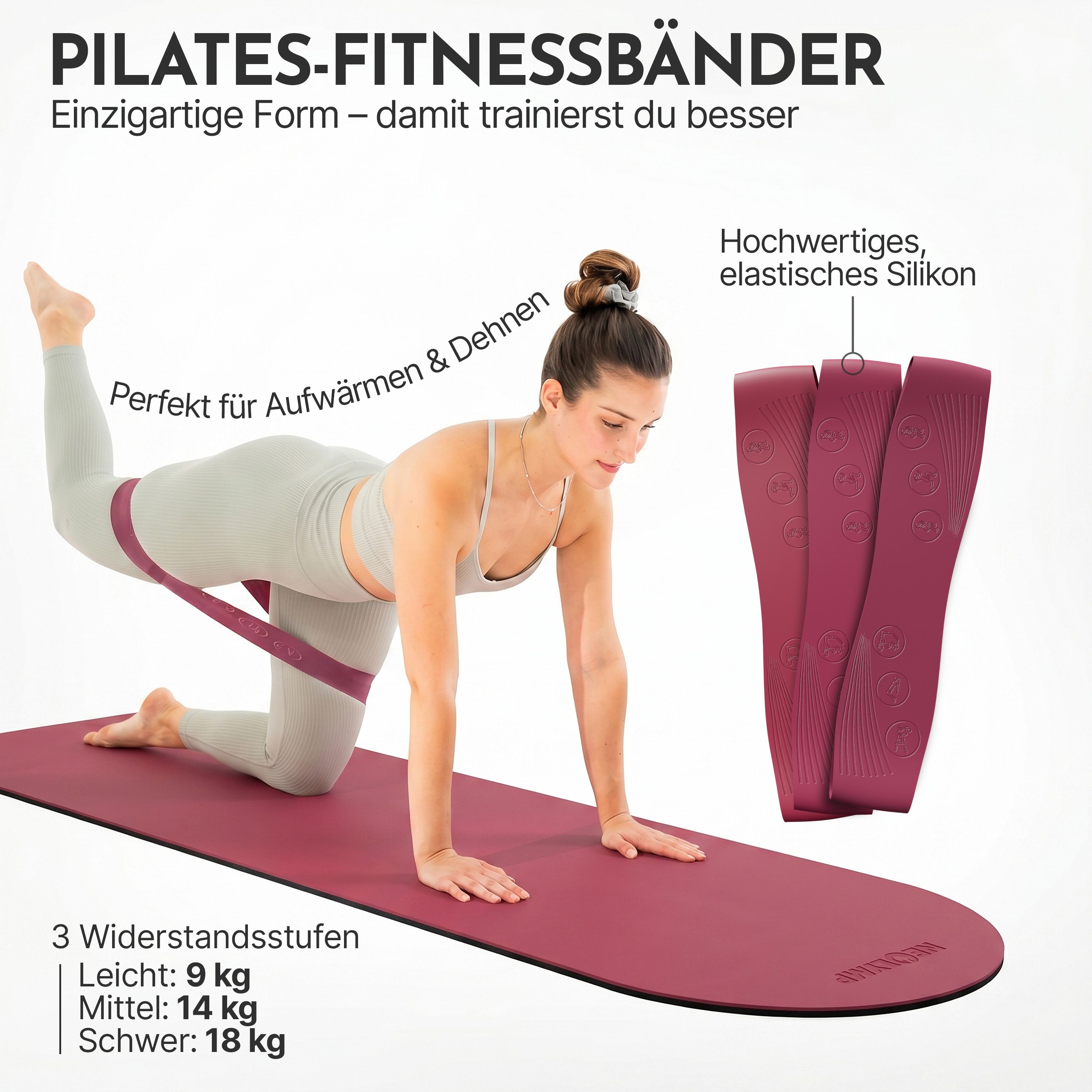 Rote NEOLYMP Pilates-Fitnessbänder aus Silikon in drei Widerstandsstufen.