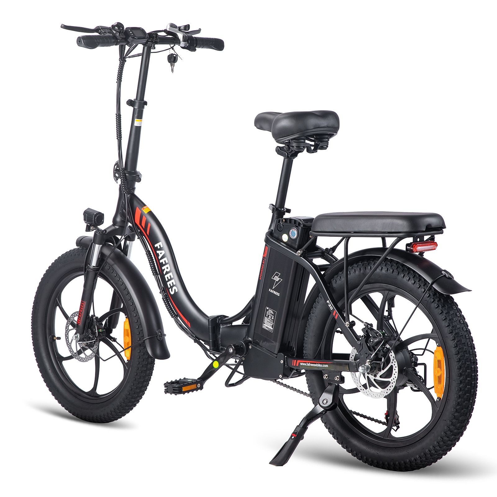 Faltbares E-Bike FAFREES F20, schwarz. Sichtbar: Sattel, Gepäckträger, Schutzbleche, Scheibenbremsen, Beleuchtung. Rote Akzente.