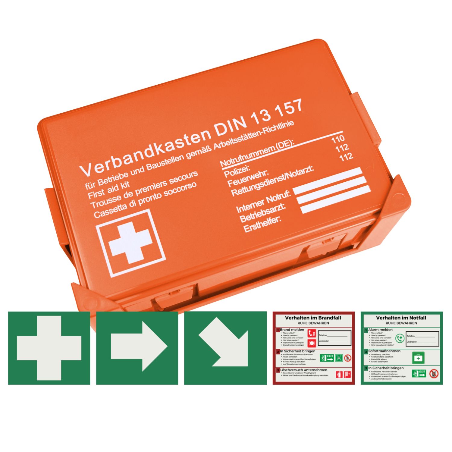 Orange Erste-Hilfe-Koffer Typ C mit weißem Kreuz. Text: Verbandkasten DIN 13 157, Notrufnummern. Mit grünen und roten Schildern.