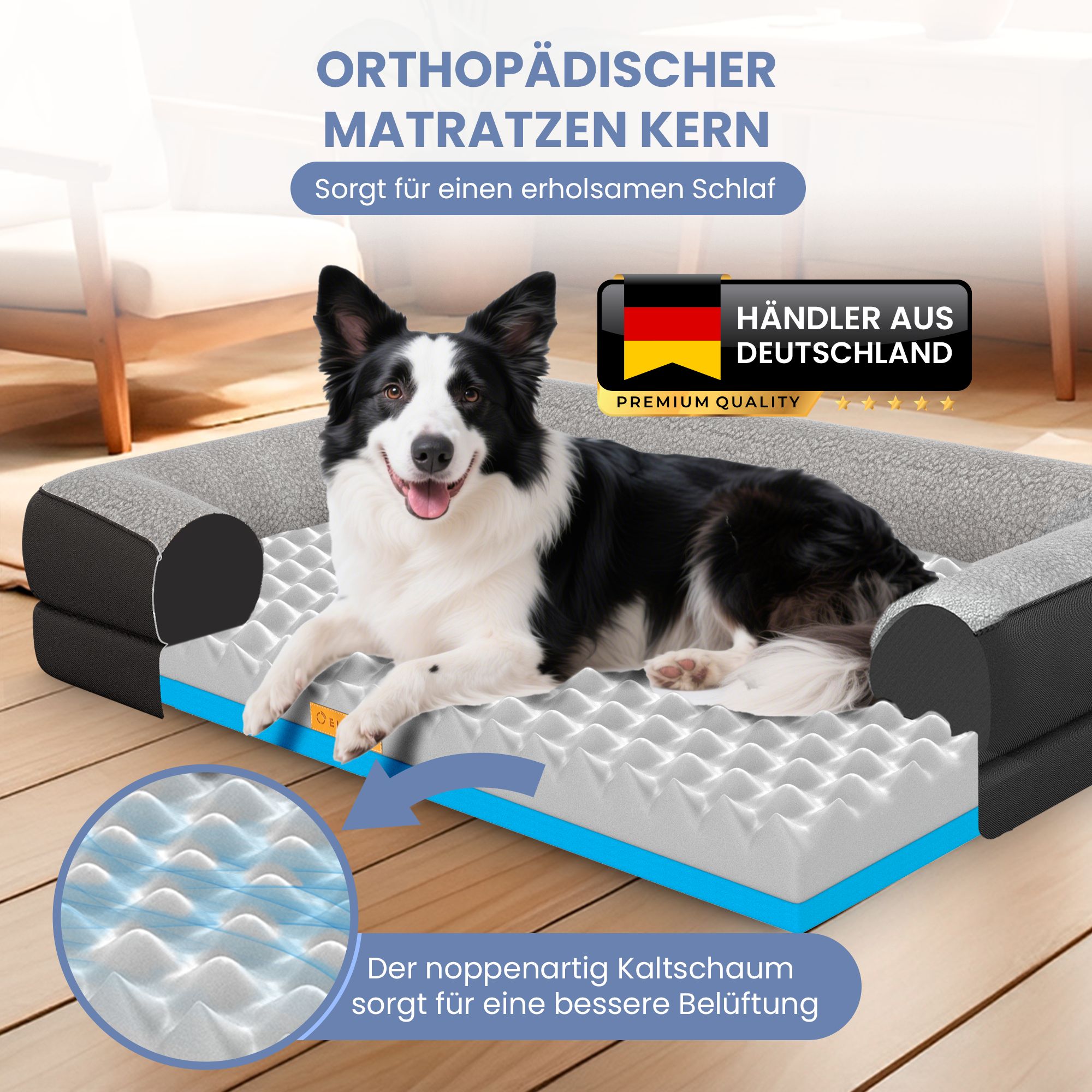 Orthopädisches Hundebett, schwarz. Mit Hund. Noppenartig Kaltschaum für bessere Belüftung. Premium Qualität.