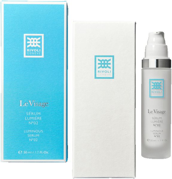Serumflasche und zwei Verpackungen. Aufschrift: Le Visage Sérum Lumière N°02. Flasche mit silbernem Deckel. Verpackungen blau und weiß.
