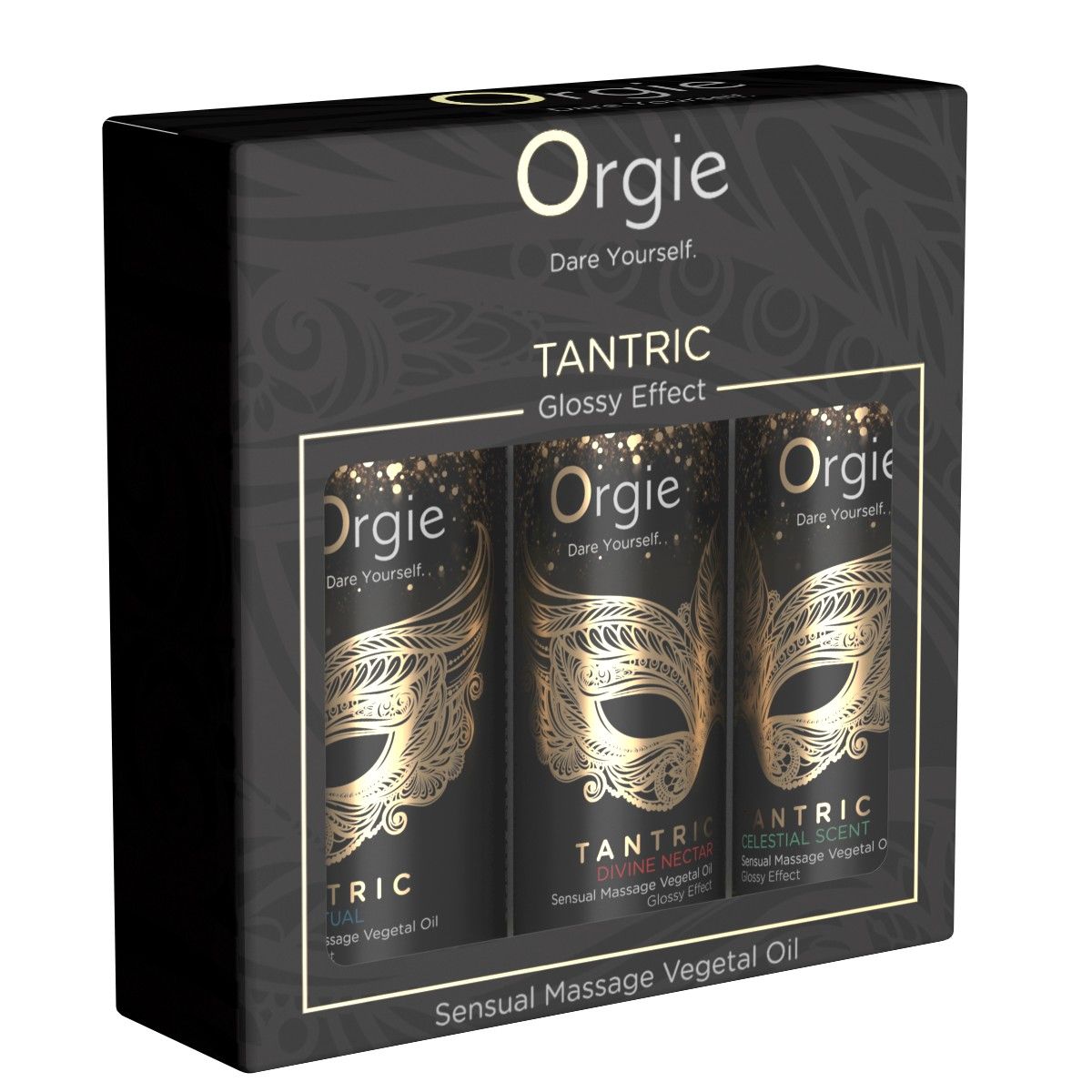 Geschenkbox mit drei Flaschen. Schwarze Flaschen mit goldener Maske und Schriftzug. Marke: Orgie. Text: Tantric, Sensual Massage Vegetal Oil.