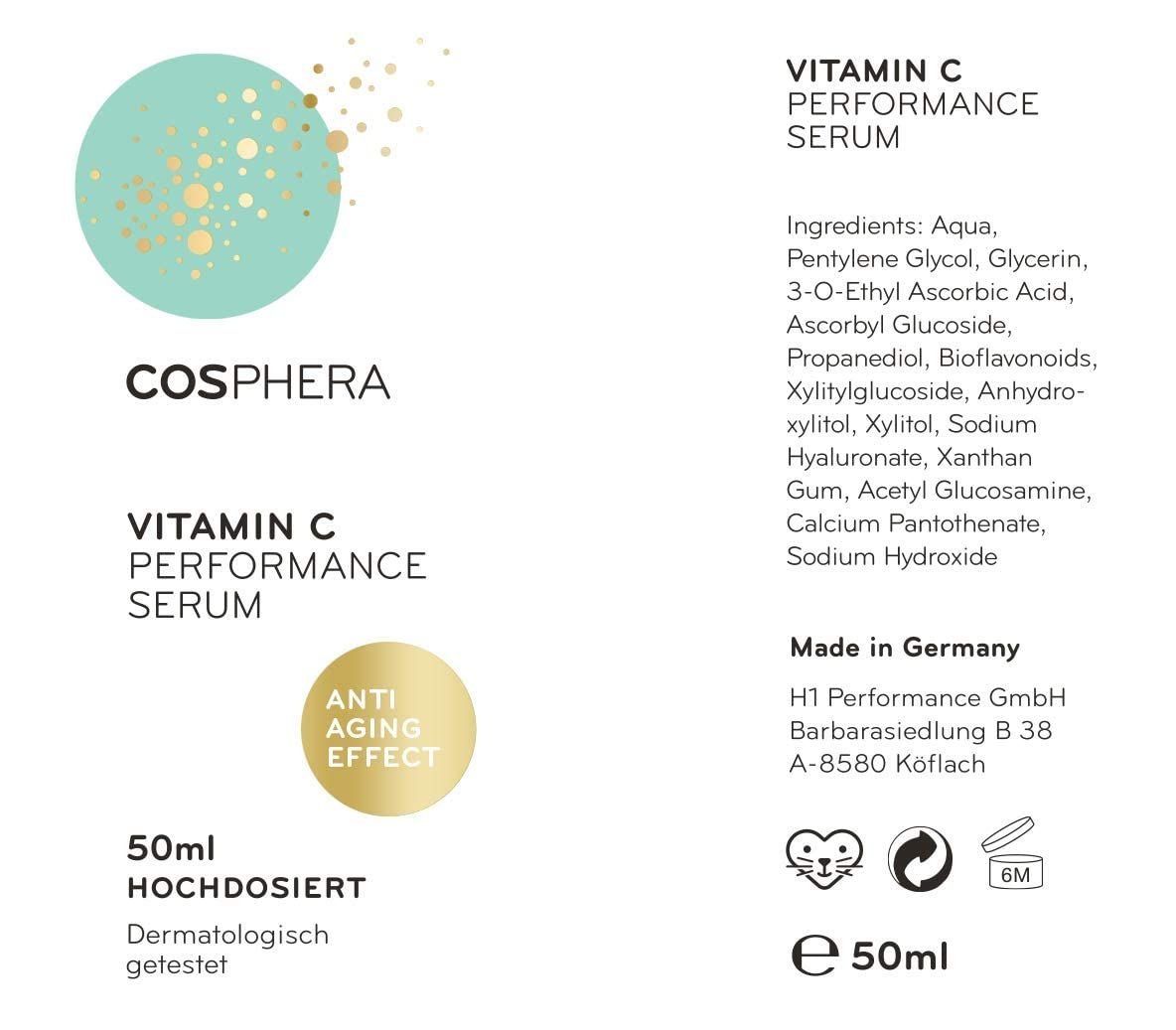 Cosphera Vitamin C Performance Serum: Inhaltsstoffe, 50ml, Made in Germany.