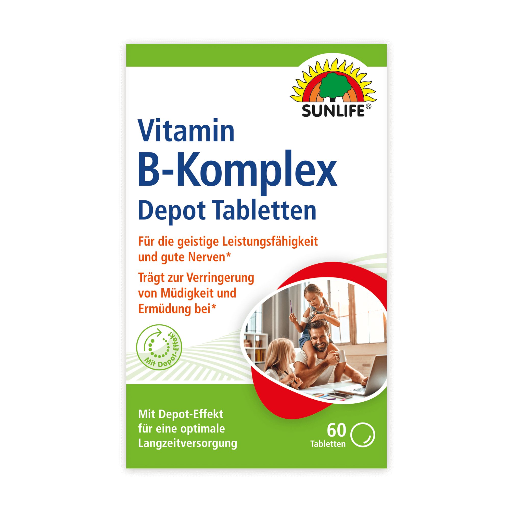 SUNLIFE Vitamin B-Komplex Depot Tabletten. Weiße Schachtel mit grünen Akzenten. 60 Tabletten. SUNLIFE Logo.