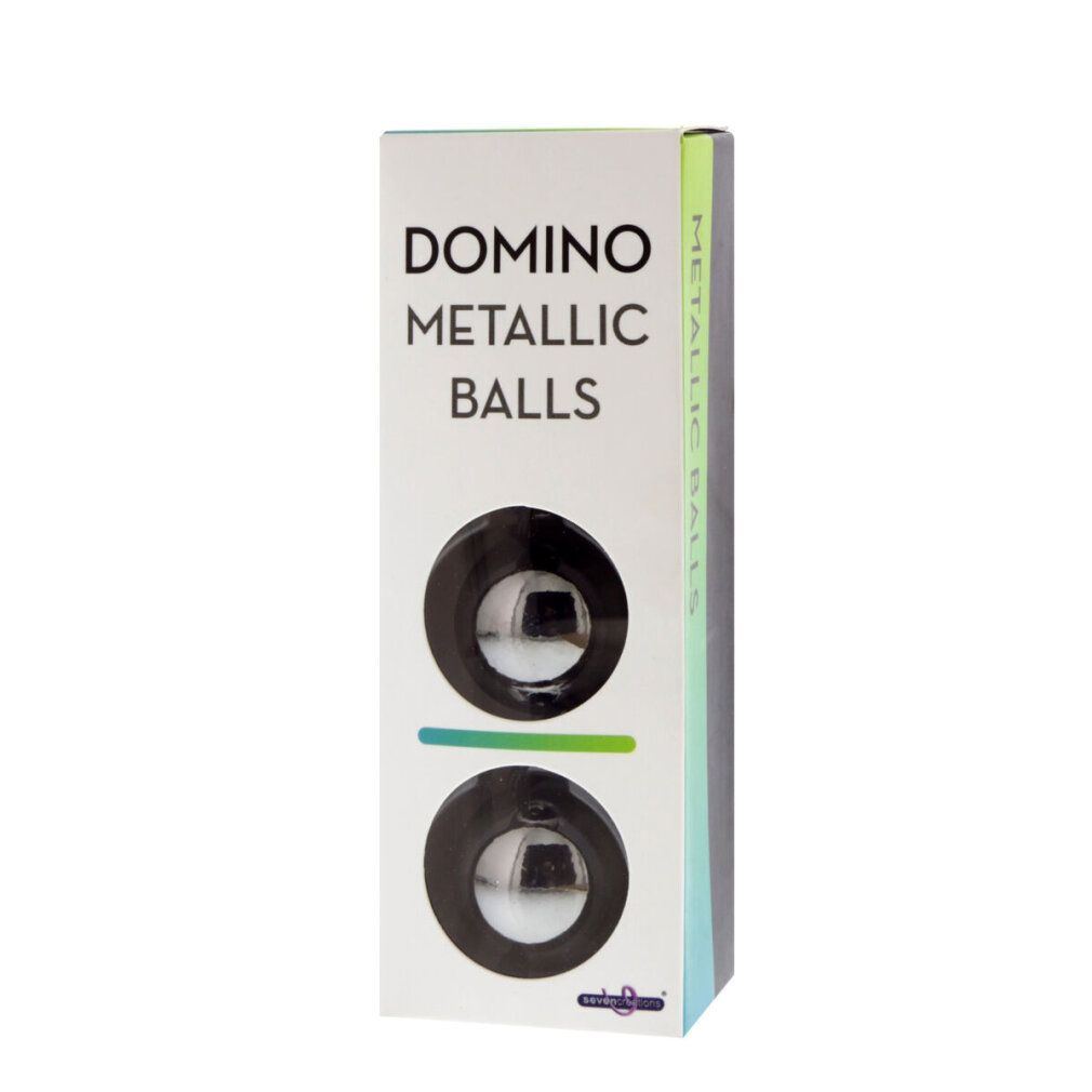 Verpackung mit zwei metallischen Kugeln. Aufschrift 'DOMINO METALLIC BALLS'.