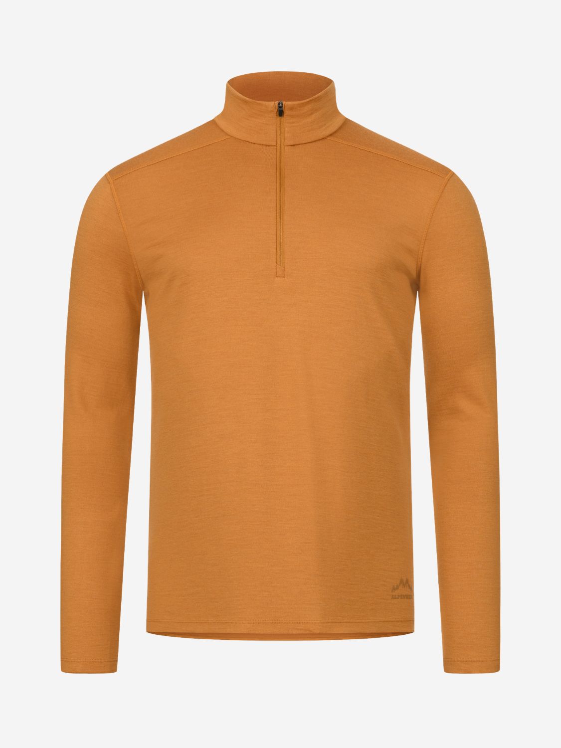 Orangefarbener Herren-Merino-Pullover mit Reißverschluss und Berg-Logo, Vorderansicht.